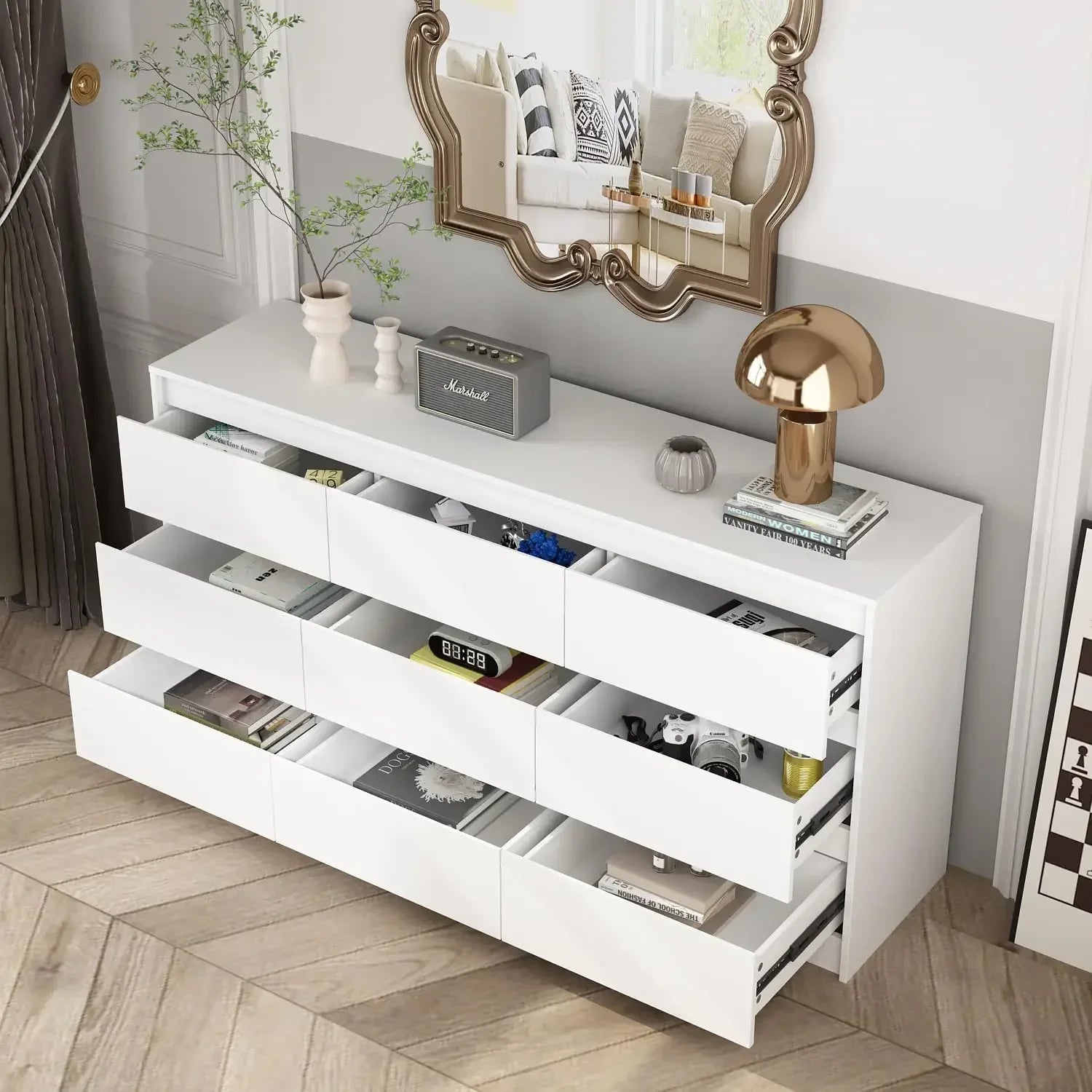 9 White Drawer Dressers, Modern Large Dresser for Bedroom Organize, Wooden Long Dresser with 9 Handle Free Drawers