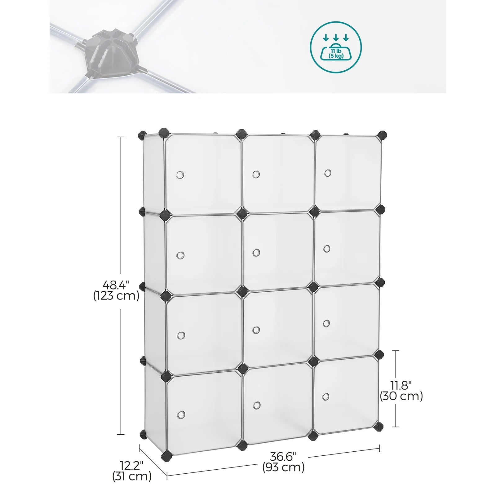 SONGMICS 12-Cube Storage Unit, Shoe Rack, Stackable Cubes, Plastic Closet Cabinet, Wardrobe, with Doors