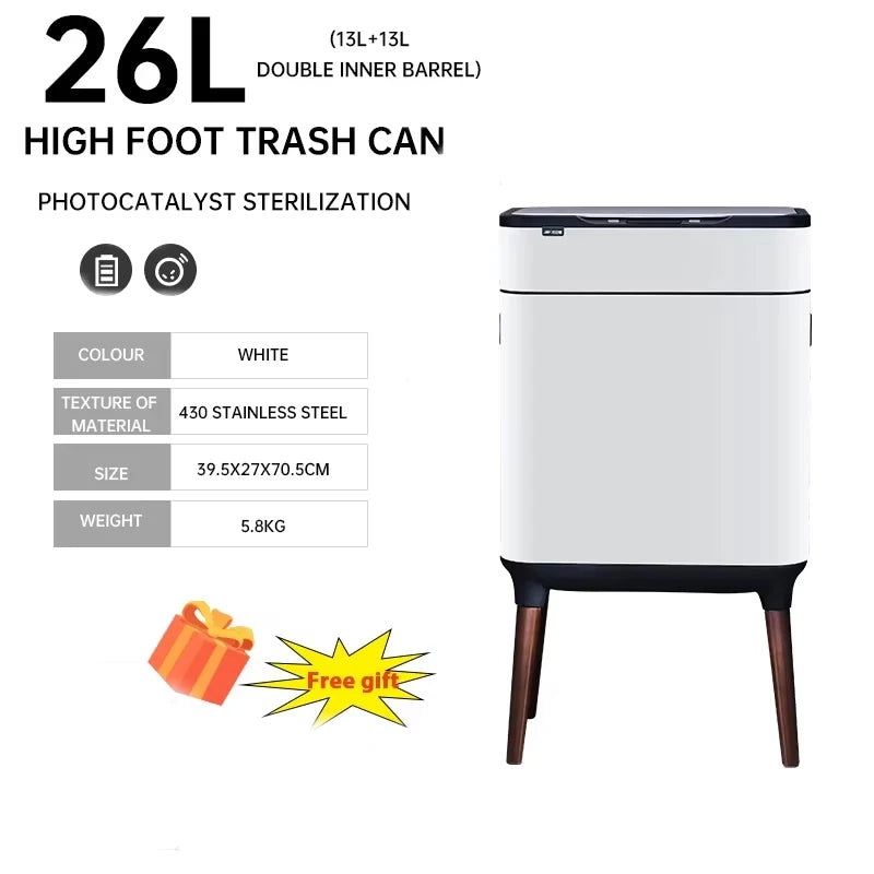 30L Smart Sensor Trash Can Bathroom Kitchen Tall Trash Can Light Luxury Stainless Steel Large Capacity Waterproof Free Gift