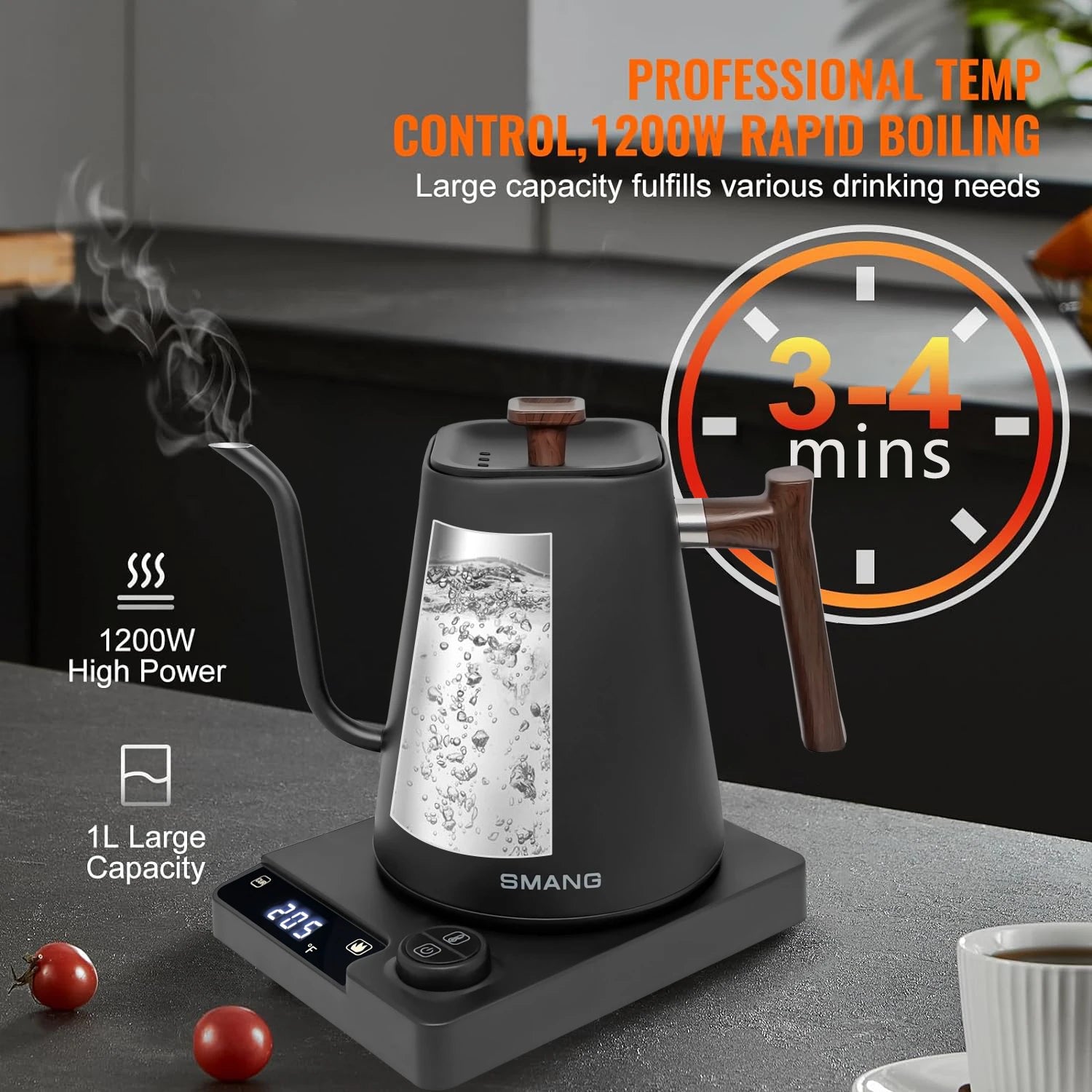 Gooseneck Electric Kettle 1L 1200W Intelligent temperature controlled hand brewed coffee pot Rapid Heating Kettle 110v/220v