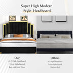 King Size Platform Bed Frame, 65" Velvet Upholstered Bed with Gold Trim Headboard/Wooden Slats/No Box Spring Needed/Black