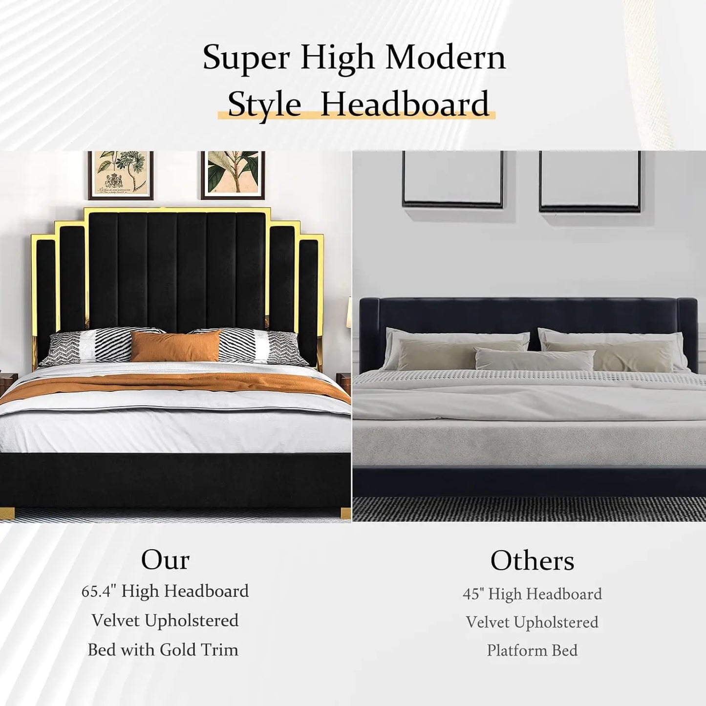 King Size Platform Bed Frame, 65" Velvet Upholstered Bed with Gold Trim Headboard/Wooden Slats/No Box Spring Needed/Black