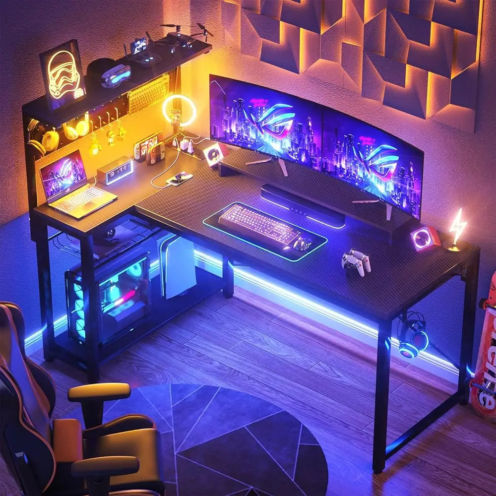 Small Gaming Desk With Power Outlets Pegboard Led Light, 51 H L Shaped Computer Desk With Monitor Stand Storage Shelves,