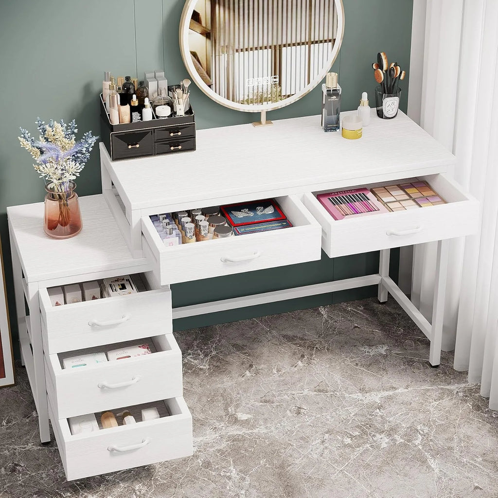 Vanity Desk with 5 Drawers, Makeup Vanity Table Dressing Table with Side 3-Drawer Chest (Without Mirror)for Women, Girls