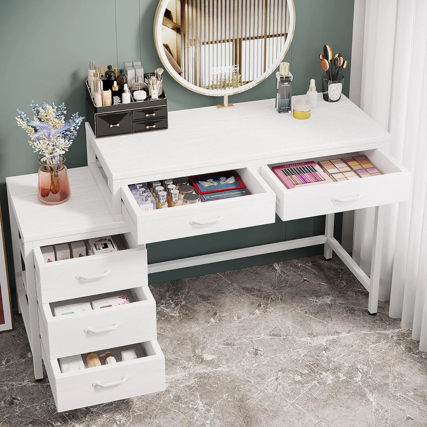 Vanity Desk with 5 Drawers, Makeup Vanity Table Dressing Table with Side 3-Drawer Chest (Without Mirror)for Women, Girls