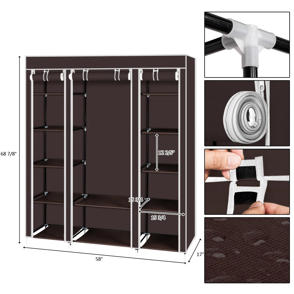 69" Portable Clothes Wardrobe Storage Organizer with Non-Woven Fabric Quick and Easy To Assemble Extra Strong and Durable Dark