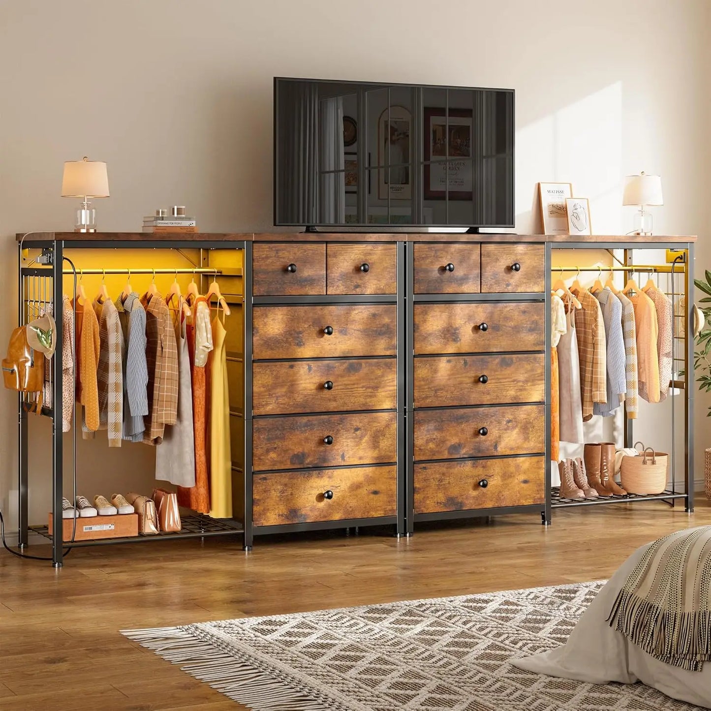 49.2" W Dresser for Bedroom with Hanging Rack 6 Drawers Dresser with LED Lights & Charging Station, Fabric Dressers