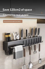 Heavy Duty Carbon Steel Wall Mounted Kitchen Organizer No Drill Knife Rack Kitchen Spoon Chopstick Barrel Multi-function Space S