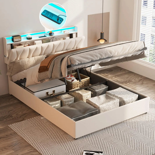 Vabches Lift Up Queen Bed Frame with Storage Headboard Upholstered Platform Bed Frame with Power Outlet&LED Lights No Box Spring