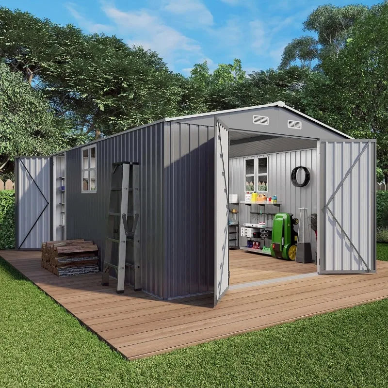 10x14ft Outdoor Storage Shed, Galvanized Steel with Lockable Door
