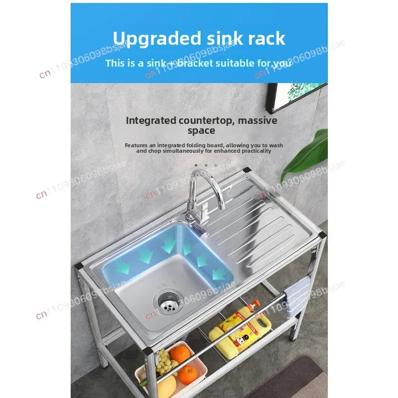 Kitchen Thickened Stainless Steel Sink Table Integrated Single Sink with Bracket Dishpan Washing Basin Sink
