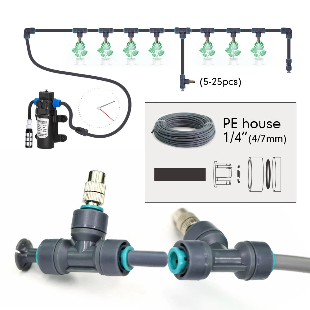 25-5M 60W Pump Adjustable Spray Nozzle Timer Watering Systems Quick Connection 1/4" Hose Misting Automatic Irrigation Kit Garden