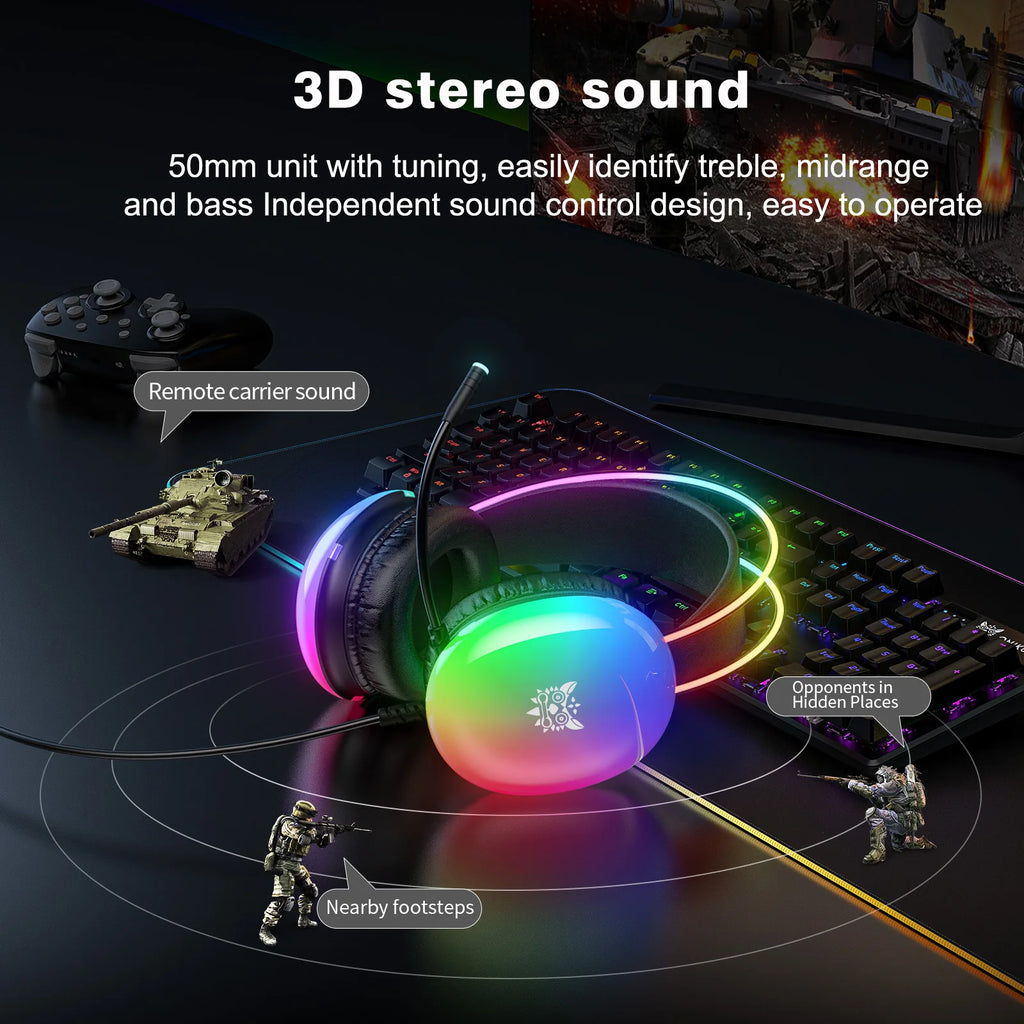 ONIKUMA Professional Gaming Headset with RGB Dynamic Lighting Wired Over-Ear Headset with Noise Canceling Microphone for PC