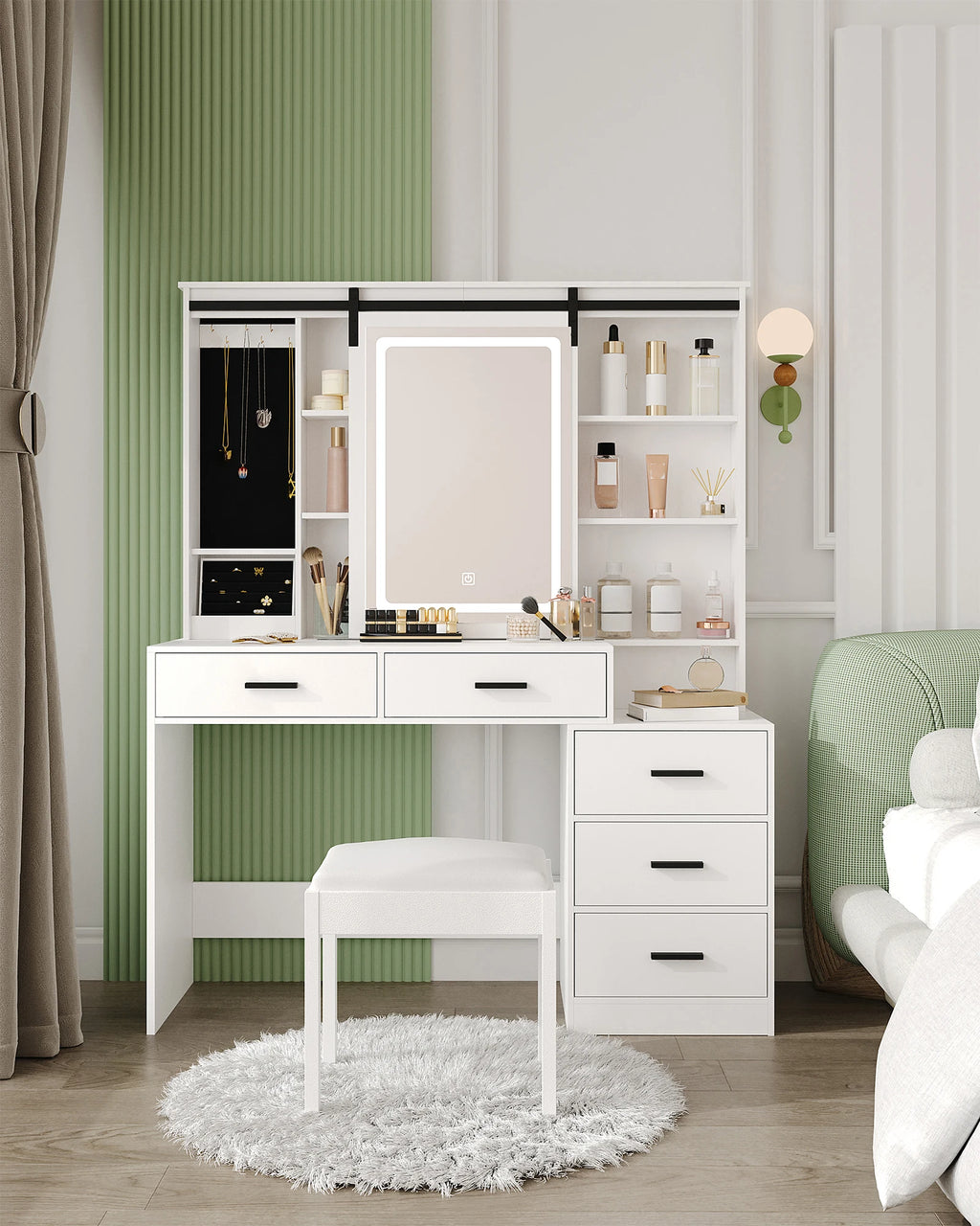 Dressing Table with Adjustable LED Lighting, Removable Large Mirror, with Jewelry Storage, Open Shelves, 5 Drawers,  White