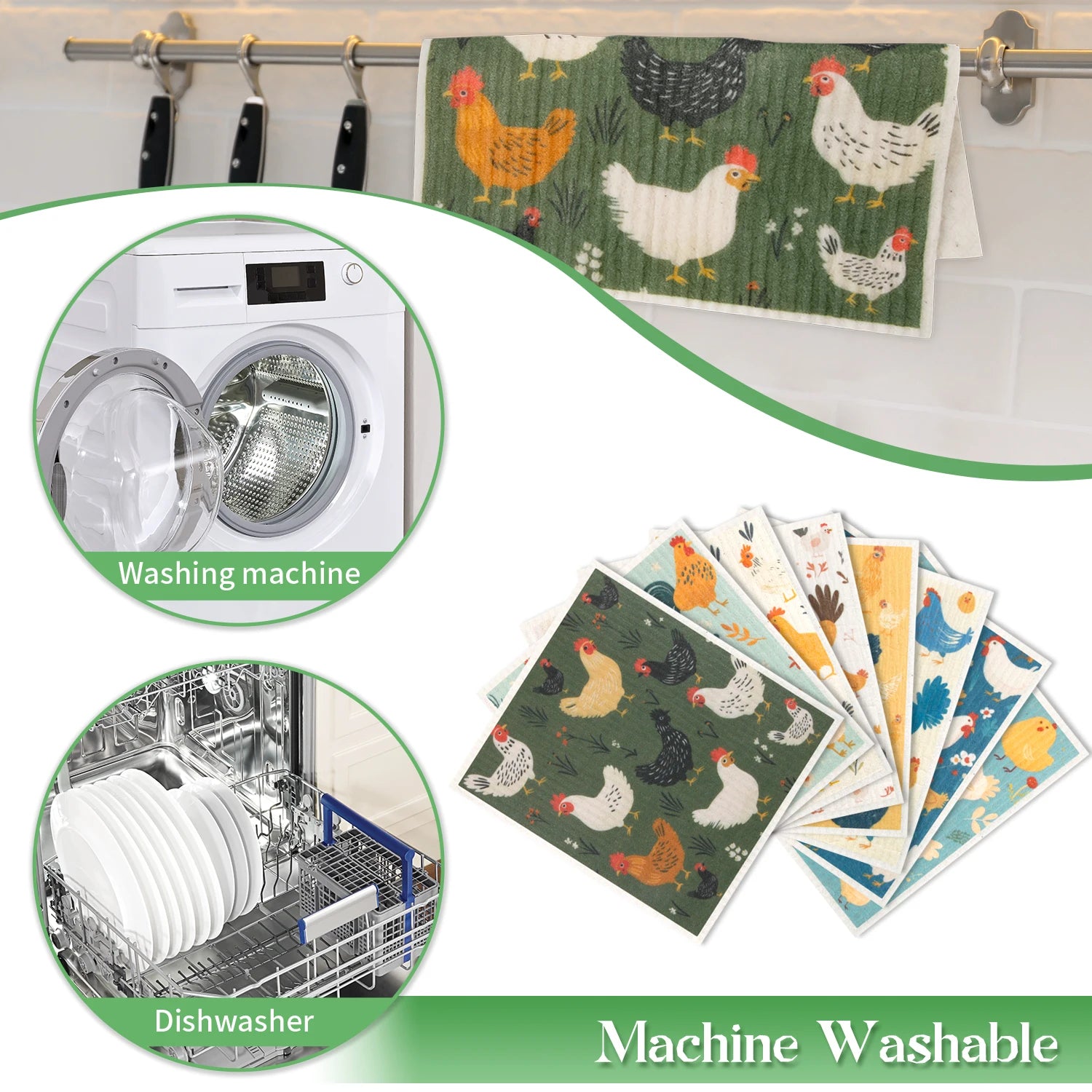 8 Pieces Chicken pattern Kitchen Wipes Washable Reusable Sponge Cleaning Cloths Absorbent Dish Cloths For Kitchen Bar Counters