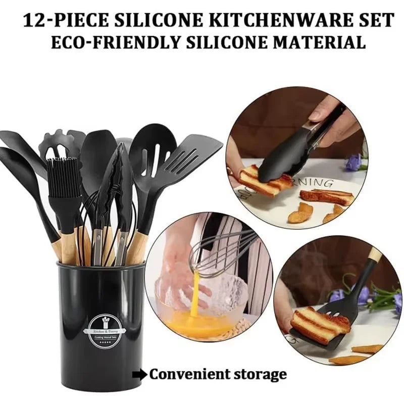 12-piece kitchen utensil set with wooden handle silicone spatulas, includes a stand, perfect for everyday kitchen use