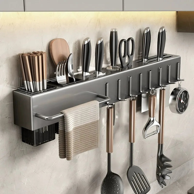 Multifunctional Wall-Mounted Kitchen Storage Rack, Heavy-Duty Carbon Steel Knife Holder, Knife Storage Rack with Hooks, No-Drill Installation, Home and Restaurant Storage for Knives, Cutlery, and Cutting Boards, Space-Saving