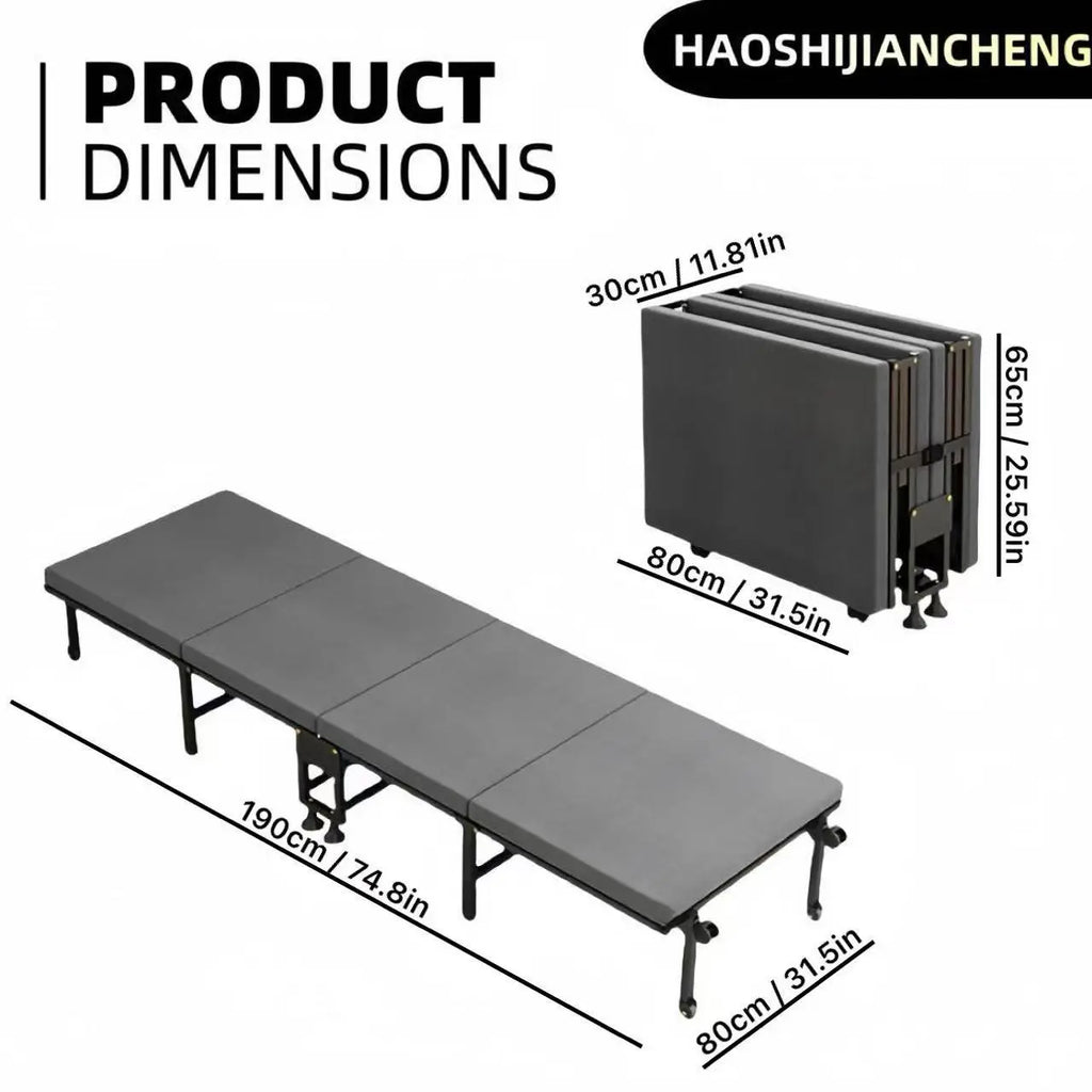 75英寸 Heavy Duty Folding Bed, Thickened Iron Frame, Portable Folding Bed, Lockable Pulley, Suitable for Office Nap, Hospital Ac