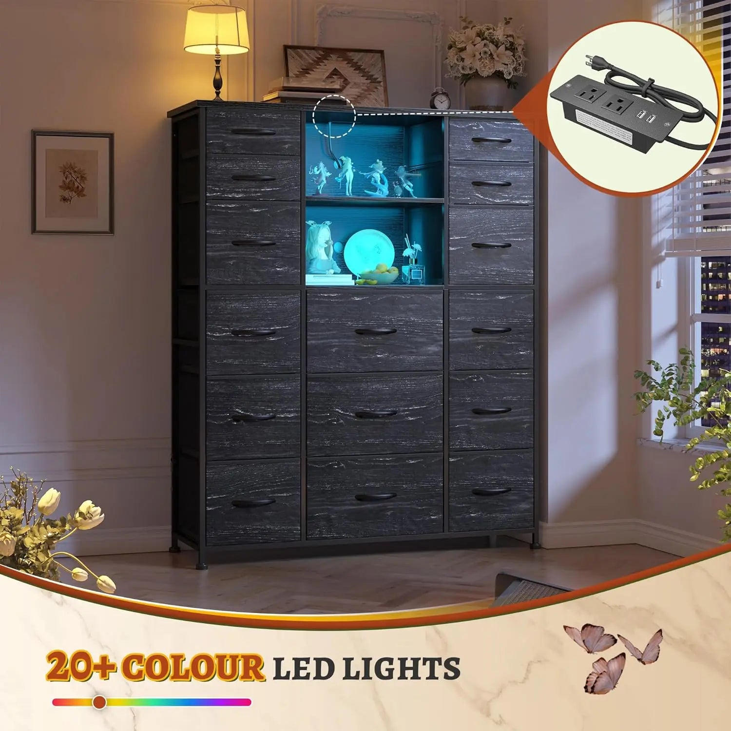 51" H Tall Dresser with 15 Drawers Dresser for Bedroom with Charging Station & LED Lights & Hutch Sturdy Black Bedroom Dressers