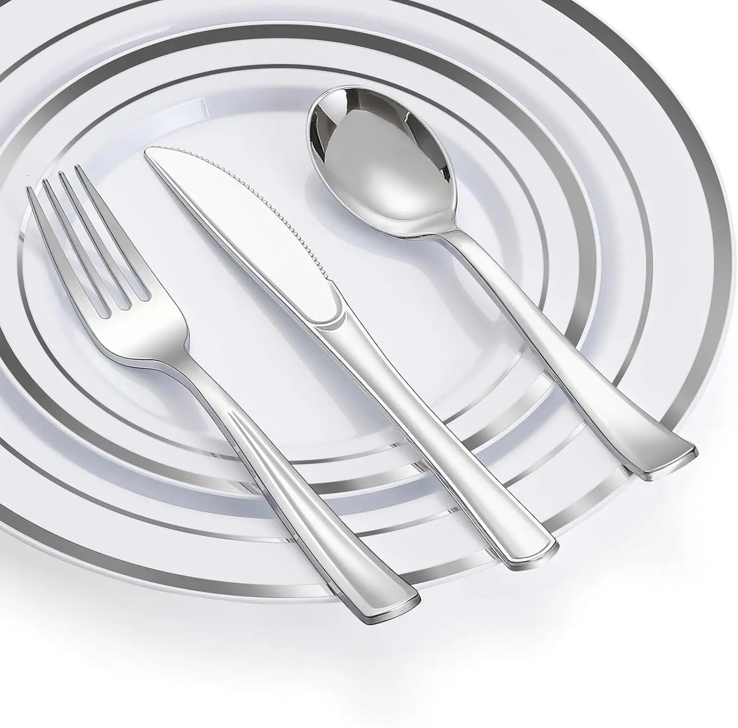 600 Pcs Silver Plastic Dinnerware Set for 100 Guests, Disposable Plastic Plates for Party Wedding Birthday, 100 Dinner Plates