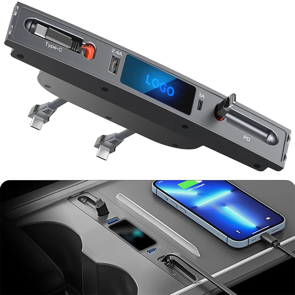 Car USB Charger Multi Port for 2021-2024 Tesla Model 3/Y,Multifunctional Tesla Accessories with Logo Gifts for Tesla Owners