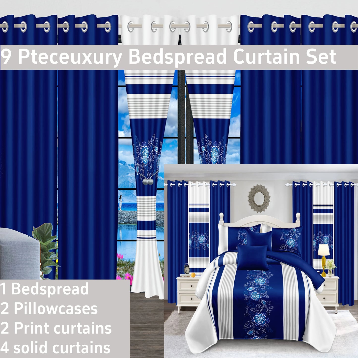 Royberry 9 Piece Thick Bedspread Set, Blue and White Flower, Inner Filling, Warmth, 3 Piece (1 * Bedspread, 2 * Pillowcase) 6 Piece Curtain Set (2 * Printed Curtain, 4 * Solid Curtain) Bedroom, Guest Room, Rv, Holiday Gift, 8