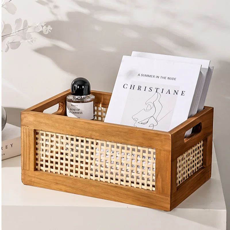 Kitchen Desktop Solid Wood Storage Box Retro Rattan Basket Book Snacks Cosmetics Organizer Home Appliance Bathroom Accessories