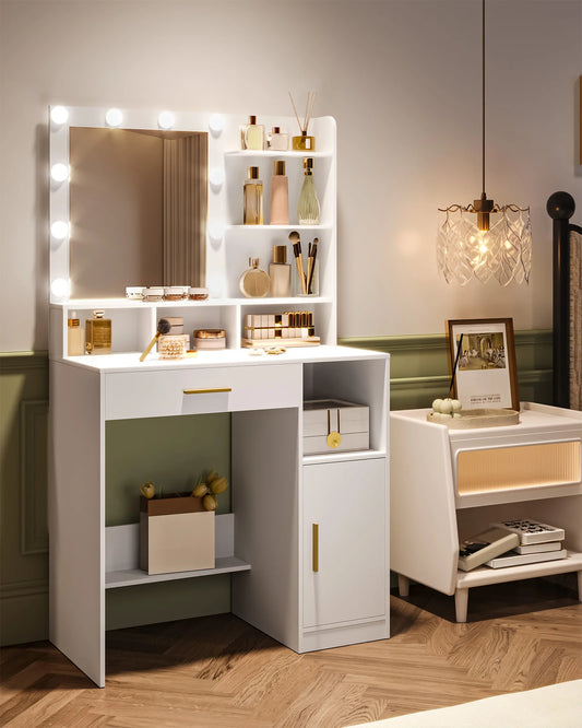 Hzuaneri Dressing Table with Mirror and 10 LED Lights, Vanity Unit with 3 Shelves & 4 Open Compartments, with Large Drawer