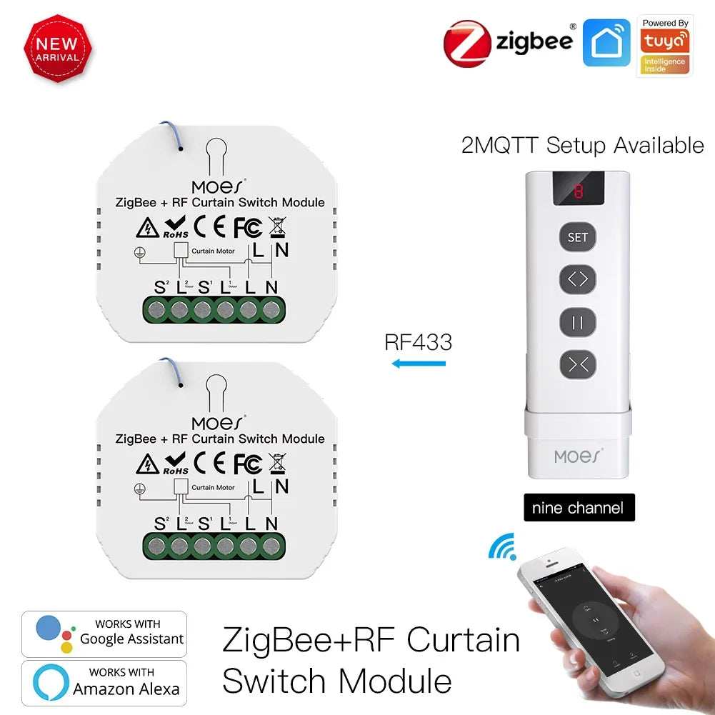 MoesHouse DIY ZigBee Smart RF433 Curtain Switch Module  for Motorized Roller Blinds Motor 2MQTT Smart Life APP Alexa Google Home