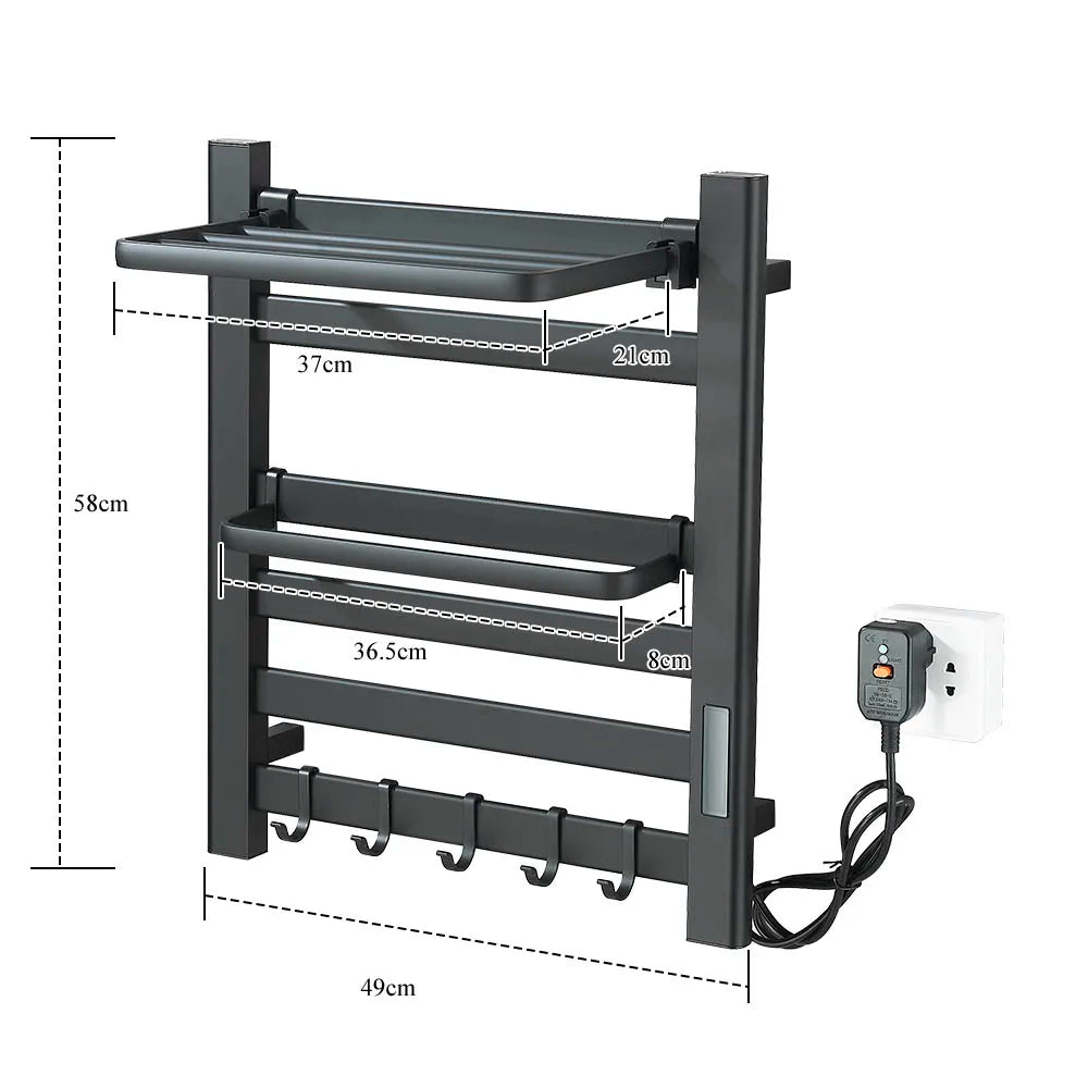 Black Bathroom Electric Heated Towel Rack with Digital Display Touch Thermostatic Dry Towel 304 Stainless Steel Heater