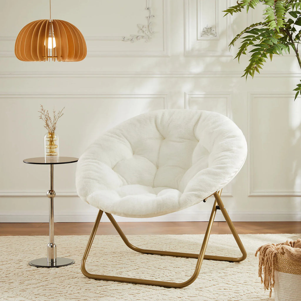 JHK Cozy Saucer Chairs Faux Fur For Living Room Folding Thick Padded Seat Metal Frame X-Large Reading Lounge Furniture