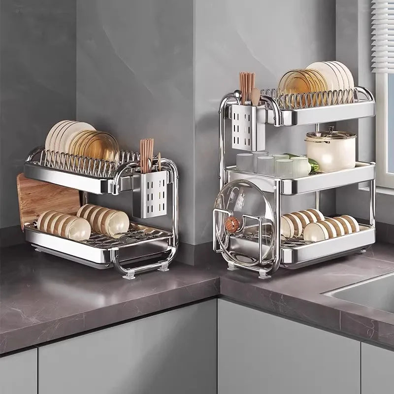 Stainless Steel Dish Rack Heavy Duty Compact Kitchen Sink Organizer with Drainage Tray Drying Rack for Plates Cups And Cutlery