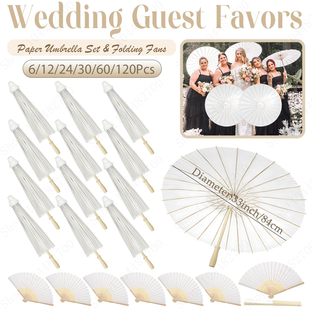 6-120Pcs 33inch Paper Umbrellas for Wedding Guest White Paper Parasol Umbrellas for Guests Wedding Photography Props with Fans