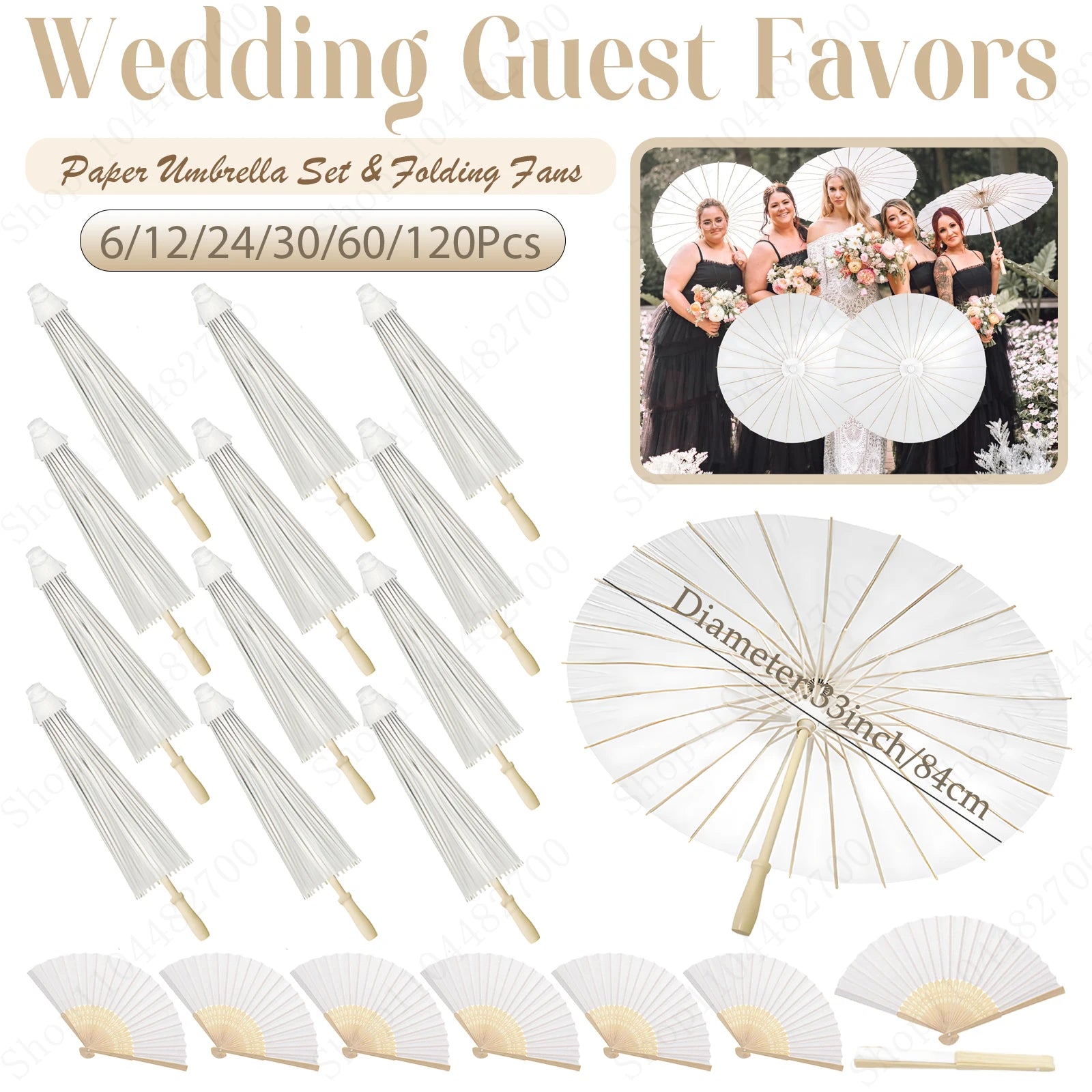 6-120Pcs 33inch Paper Umbrellas for Wedding Guest White Paper Parasol Umbrellas for Guests Wedding Photography Props with Fans