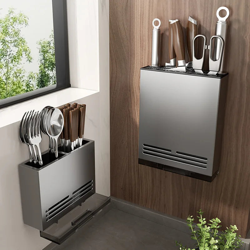 Kitchen Storage Rack Carbon Steel & Plastic Wall-Mounted Non-Drilling Water-Draining Multi-Functional Kitchen Hanging Rack