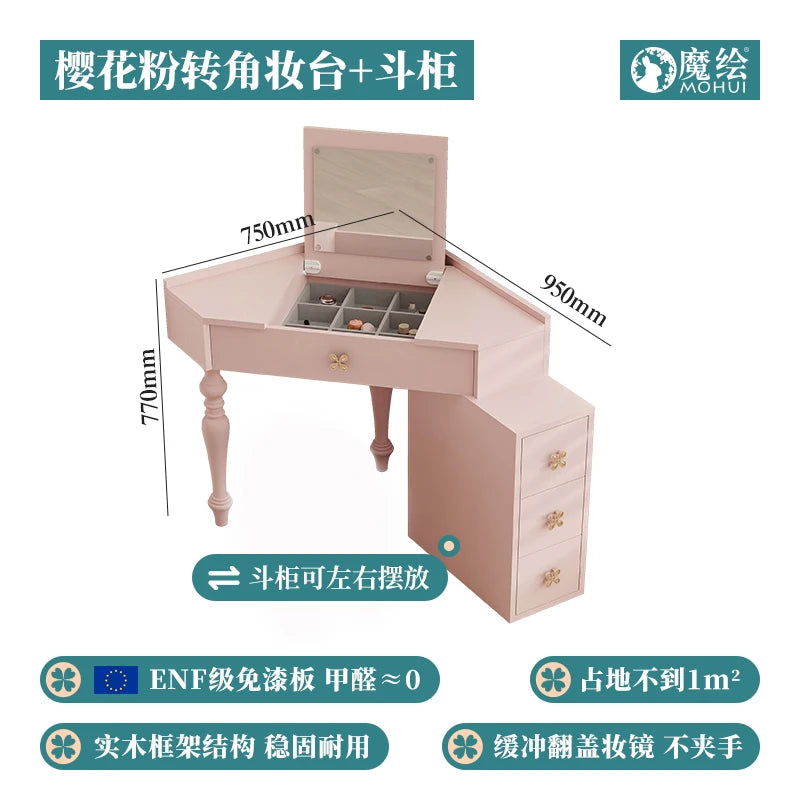 Flip Lights Storage Vanity Table Mirror Drawers Woman Small Cabinet Bedroom Dressers Girl Makeup Pink Coiffeuse Furniture Home