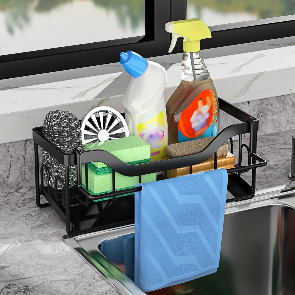 Multifunctional Kitchen Sink Storage Rack - Metal Sponge Holder, Dishwashing Liquid Storage Box, and Self-Draining Tray - No-Drill Installation, Compact Storage, High-Quality Manufacturing, Kitchen Sink Accessories, Sink Storage Rack