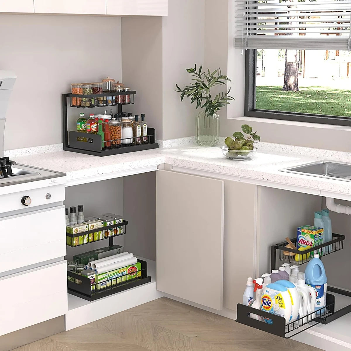 Under Sink Organizer and Storage, 2 Pack Pull Out Cabinet Organizer Slide Out Sink Shelf Cabinet Storage Shelves, Under Sink Sto
