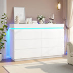 Modern 6 Drawer Dresser with Sliding Desktop, Wide Chest of Drawers with Charging Station & LED Lights