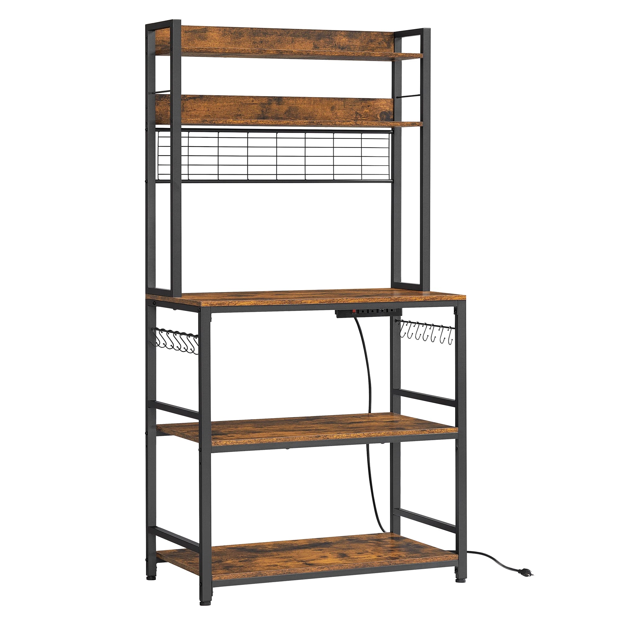 Kitchen Shelf with 6 Hooks and Metal Frame Kitchen Storage Rack Industrial Design Microwave Shelf