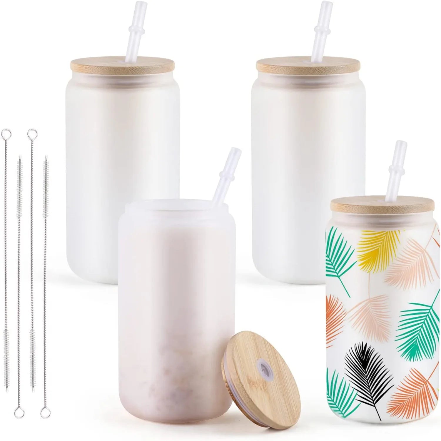 HTVRONT 8/4 Pack 16OZ Clear/Frosted Glass Sublimation Tumblers with Bamboo Lid Sublimate Tumbler Blanks DIY for Iced Coffee Cups
