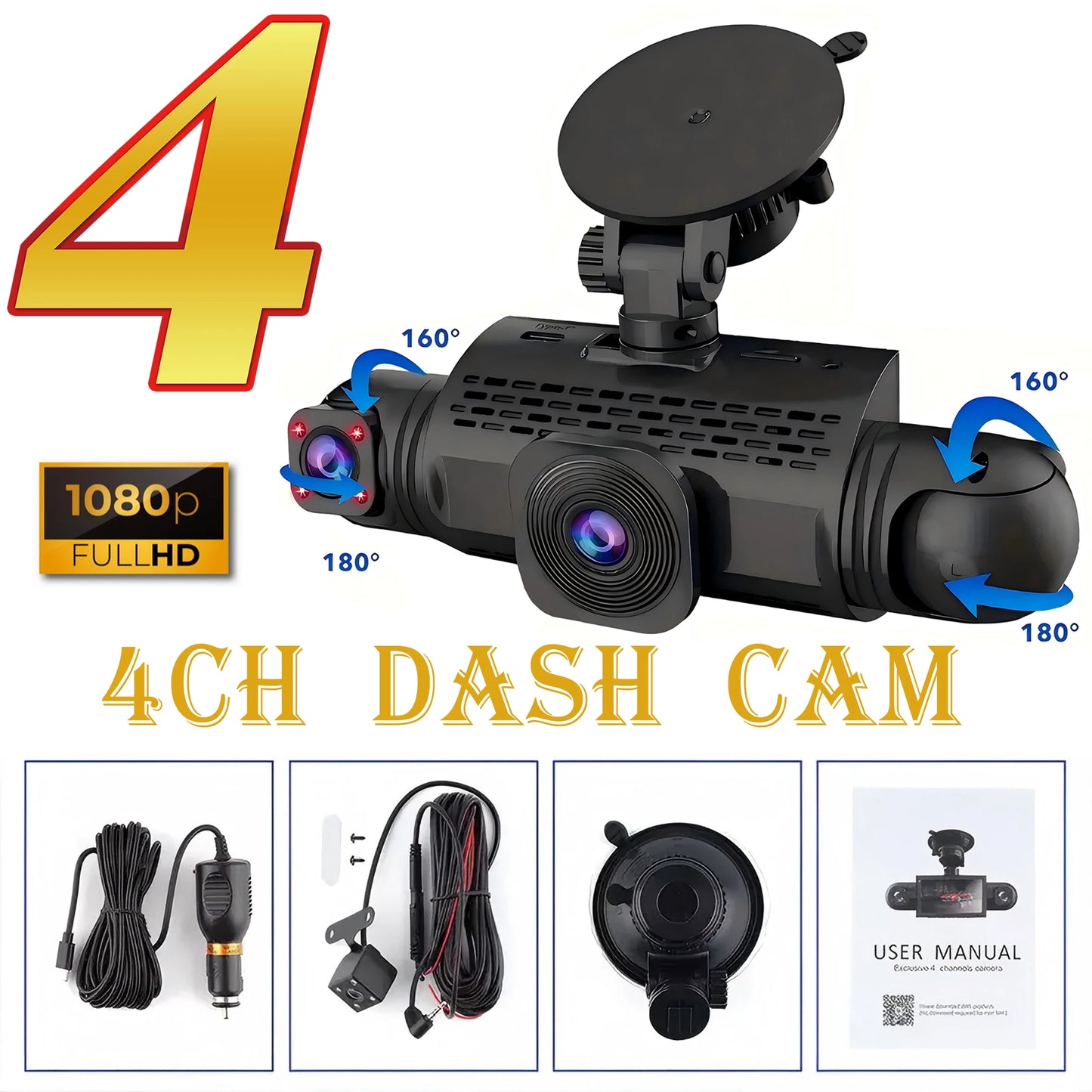 Car Dash Cam 4 Channel Black Box Driving Camera FHD 1080P Front Left R