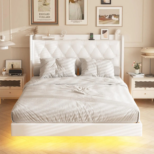 Vabches Floating Queen Bed Frame with LED Lights Upholstered PU Leather Platform Bed Frame with Power Outlet Storage Headboard