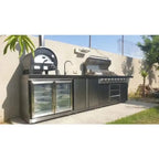 Outdoor bar kitchen setup with stainless steel doors and cabinet system