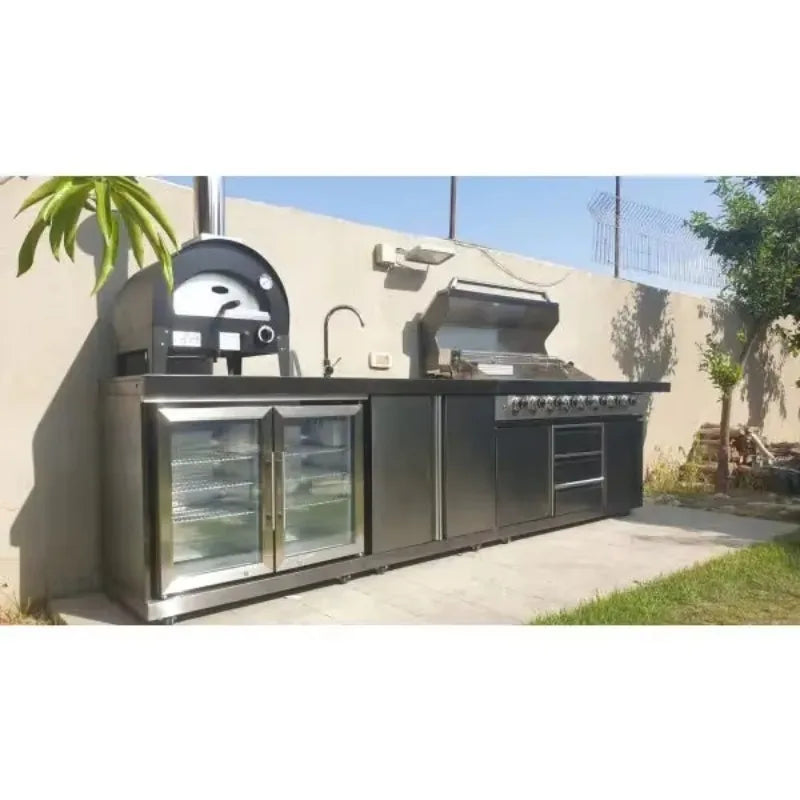 Outdoor bar kitchen setup with stainless steel doors and cabinet system