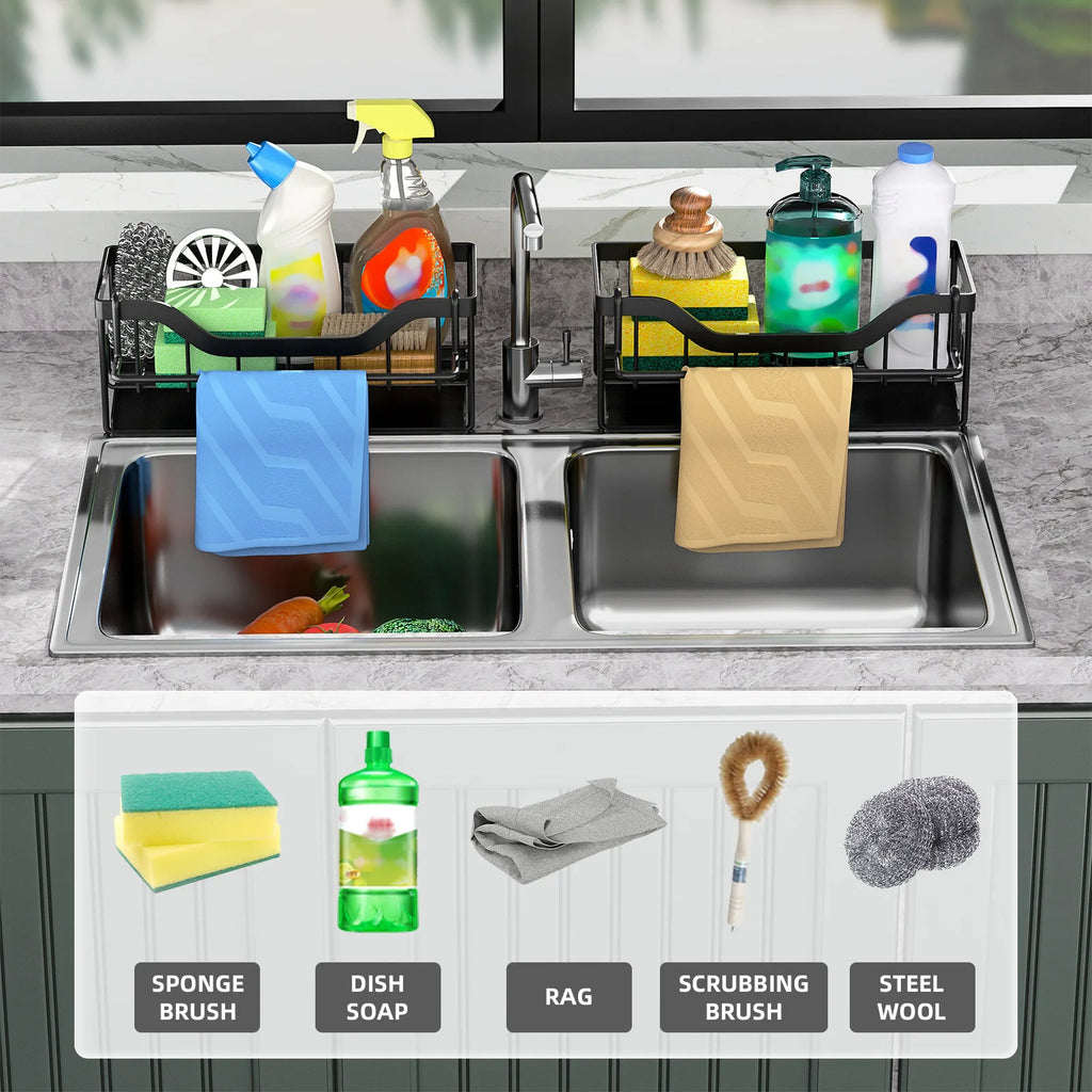 Multifunctional Kitchen Sink Storage Rack - Metal Sponge Holder, Dishwashing Liquid Storage Box, and Self-Draining Tray - No-Drill Installation, Compact Storage, High-Quality Manufacturing, Kitchen Sink Accessories, Sink Storage Rack
