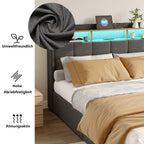 Creahappy Twin Bed Frame - Upholstered bed in grey - With USB charging port - With LED lighting - Storage drawers on both sides