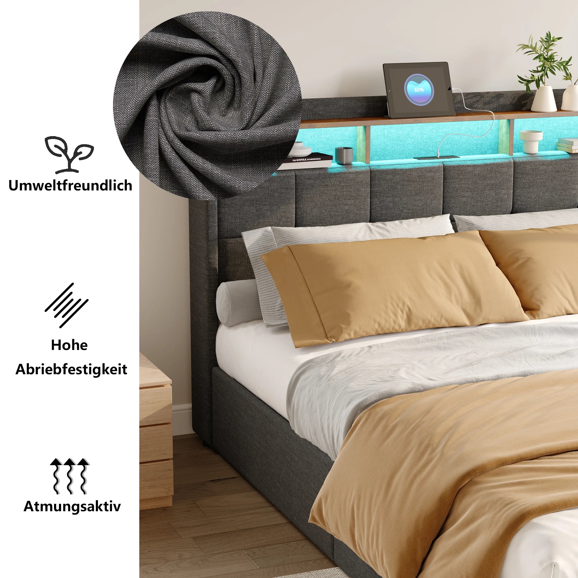 Creahappy Twin Bed Frame - Upholstered bed in grey - With USB charging port - With LED lighting - Storage drawers on both sides