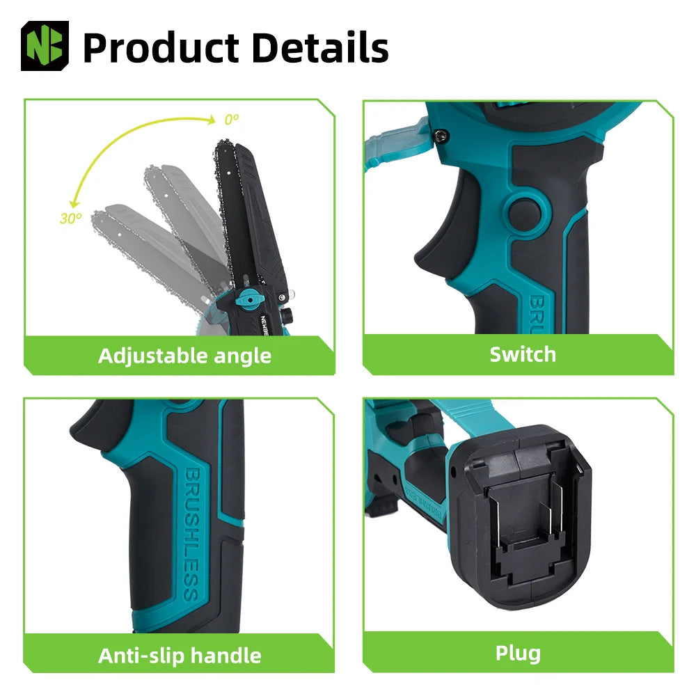 NEWBENY 8 Inch Brushless Electric Chainsaw with Oil Cordless Garden Pruning Chainsaw Woodworking Tool For Makita 18V Battery Pin