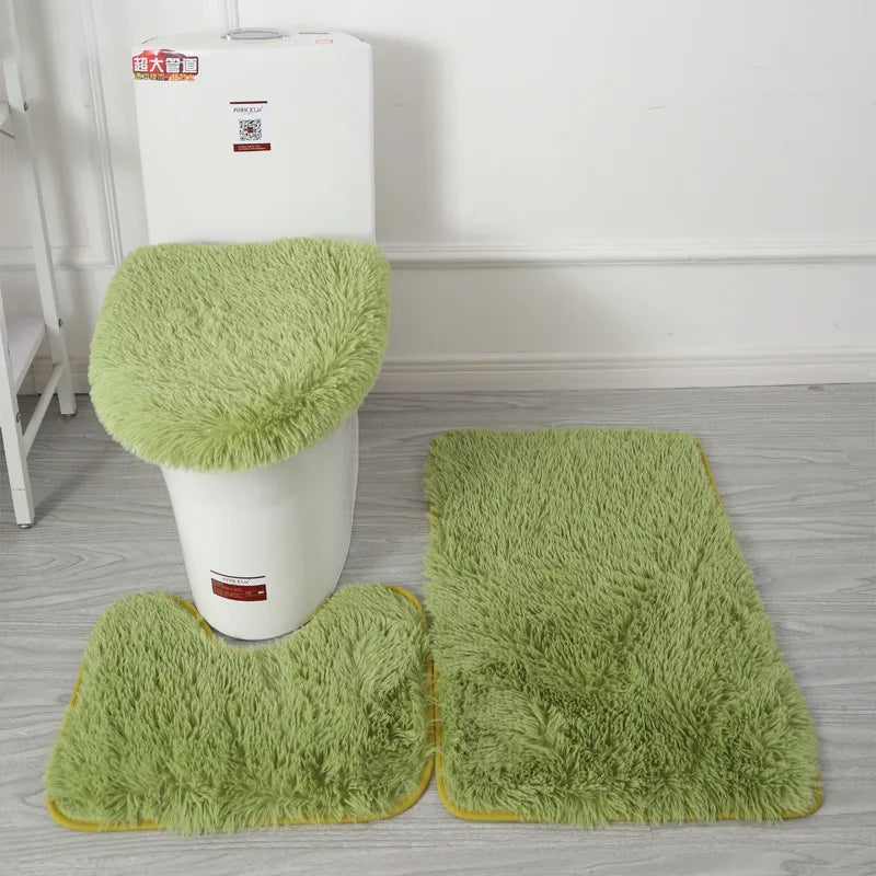 Inyahome 3pcs/set Plush Bathroom Bath Mats Set Anti Slip Toilet Rug and Toilet Lid Cover Soft Fluff Shower Carpet Floor Bath Mat